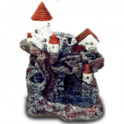 Deko - Figur Haus mit Wasserrad und Felsen - Grotte