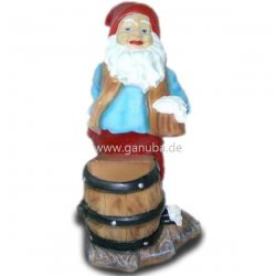 Skulptur Gartenzwerg mit vollem Bierkrug und Bier - Fass