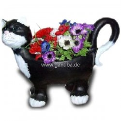 Tier - Dekofigur Schwarz - weiße Katze mit Blumen im Rücken