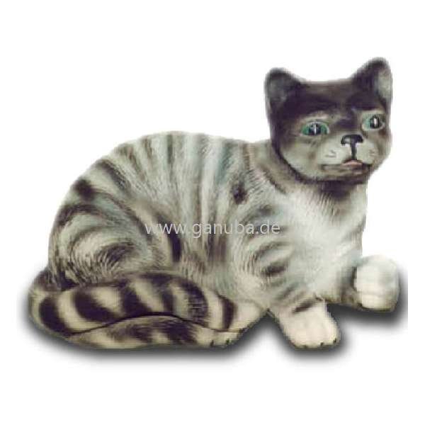 Deko - Figur Grau - Schwarz getigerte Katze mit grünen Augen